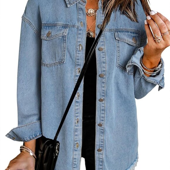 Women's Oversized Denim Jacket Casual Long Sleeve Denim Shirts Distresse Jean Ja